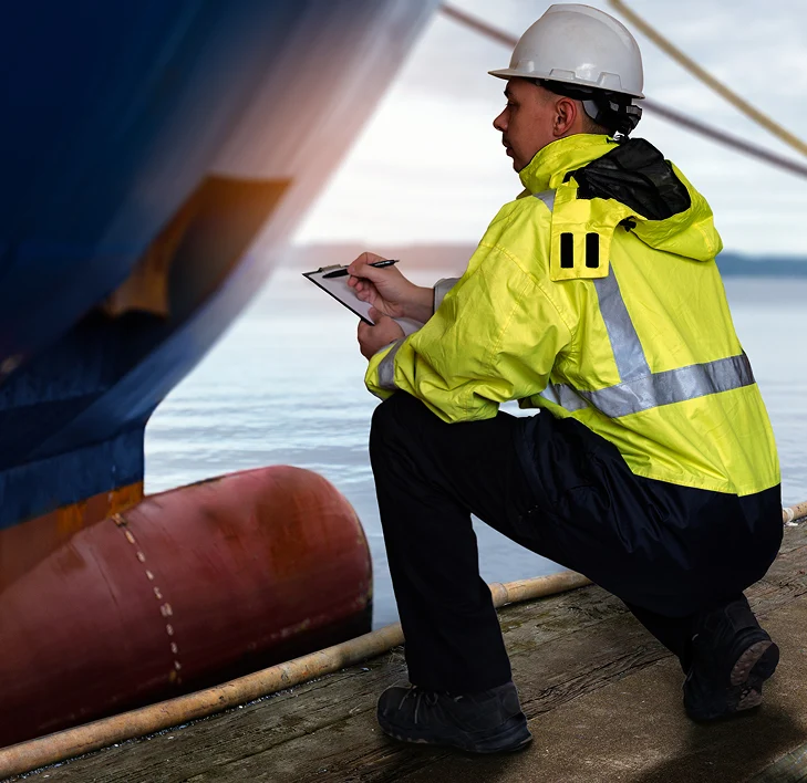 A worker in a bright yellow rain jacket and hard hat kneels by a ship's hull, taking notes on a clipboard near the water.